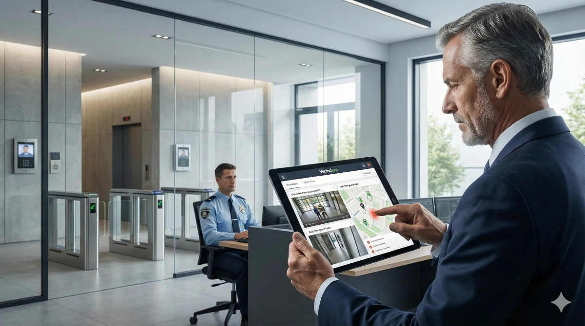 Personal de seguridad utilizando la app de Vecindapp para control de acceso y citofonía digital